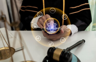 Concepts of Law and Legal services.	Lawyer working with law interface icons.