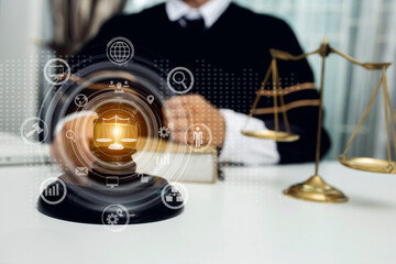Concepts of Law and Legal services.	Law technology interface icons.