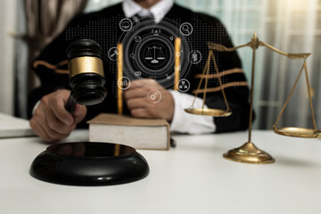 Lawyer working with law interface icons. legal consulting discussion defendant punishment law in...