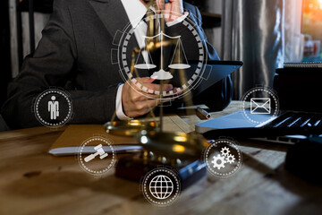 Lawyer working with law interface icons. legal consulting discussion defendant punishment law in...
