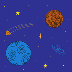 Colorful hand-drawn illustration. Two planets, a flying comet and a galaxy. One planet with tornado spirals. Another with a round relief. View from space, stars. Doodle.