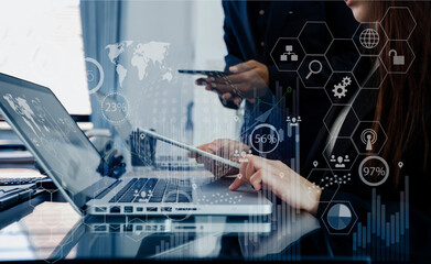 Double exposure of businessman working on digital tablet and smart phone with digital marketing virtual chart, Abstract icon, Business strategy concept.