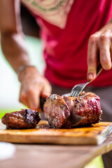 barbeque meat preparation in a summer day