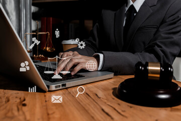 Concepts of Law and Legal services.	Law technology interface icons.