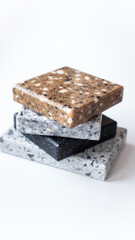 Decorative artificial stone in samples. Suitcase with samples of artificial stone. Finishing material, interior renovation.