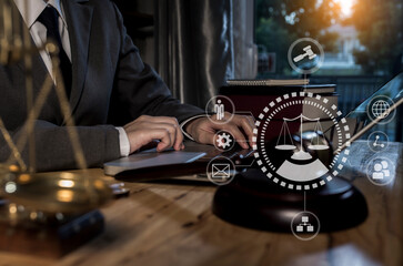 Law and Legal services concept, Lawyer business team working at the table office and law interface icons.