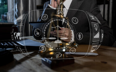 Obraz premium Law and Legal services concept, Lawyer business team working at the table office and law interface icons.