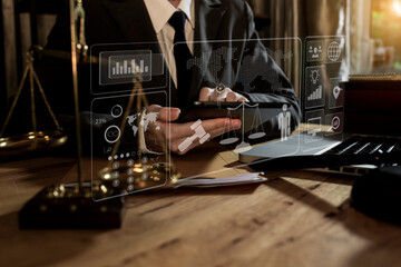 Law and Legal services concept, Lawyer business team working at the table office and law interface icons.