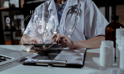 Double exposure of technology healthcare And Medicine concept. Doctors using digital tablet computer and modern virtual screen interface icons panoramic banner.
