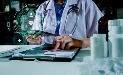Medical technology and futuristic concept. Doctor using  hologram modern virtual screen interface icons.	