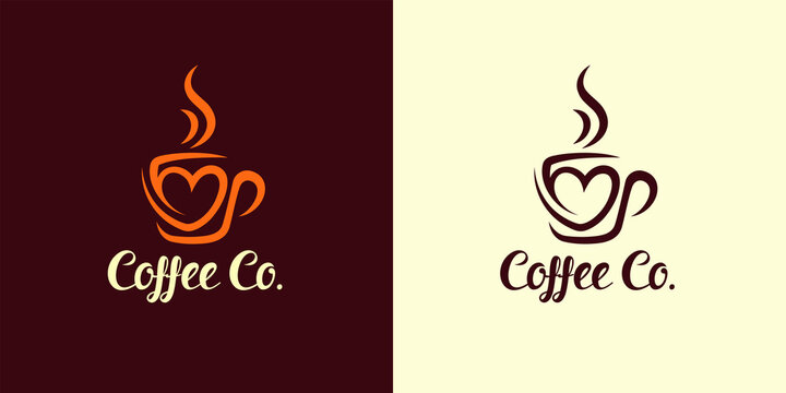 Coffee cup heart logo. Cafe mug icon. Latte cup symbol. Espresso hot drink sign. Love cappuccino emblem. Vector illustration.