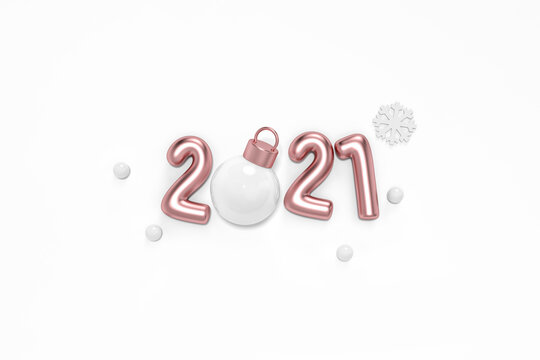 2021 Rose gold metallic happy new year and christmas ball ornaments decoration object group on white background 3d rendering. 3d illustration Pink Golden colored number Festive poster or banner design