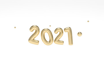 2021 gold metallic happy new year and christmas ball ornaments decoration object group on white background 3d rendering. 3d illustration Golden colored numbers Festive poster or banner design.