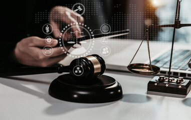 Concepts of Law and Legal services. Lawyer hand using law interface icons. 