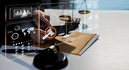 Concepts of Law and Legal services. Lawyer working law innovation interface icons at table office.