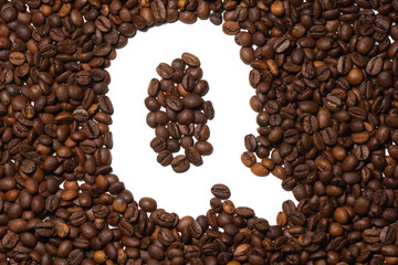 Symbol Q, the letter of an aphovite made of coffee. Coffee background, letter Q