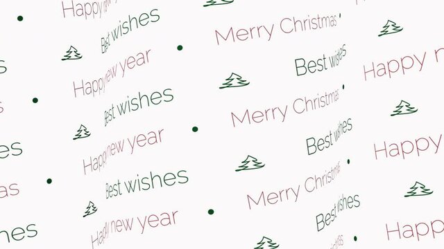 Happy new year and merry christmas 2021 video, moving pattern words at white background as intro or background. Looping video for holidays celebration