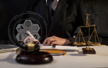 Law and Legal services. Lawyer business working with law interface icons at table office, technology and law concept.