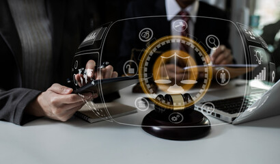 Concepts of Law and Legal services. Lawyer working at table office, Law interface icons.	