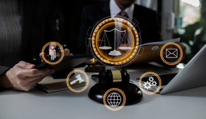 Concepts of Law and Legal services. Lawyer working law innovation interface icons at table office.