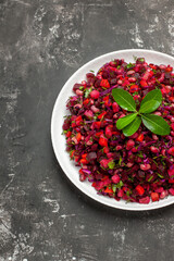 top view delicious vinaigrette beet salad with beans on dark background meal health diet