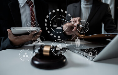 Concepts of Law and Legal services. Lawyer working at table office, Law interface icons.	