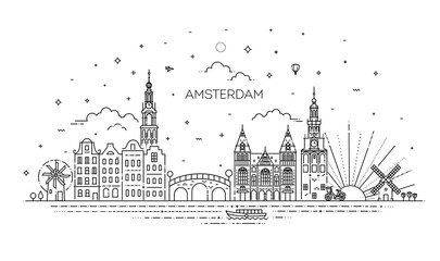 Amsterdam travel landmark of historical building thin line icon - obrazy, fototapety, plakaty