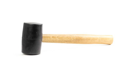Rubber mallet with wooden handle. Close up. Isolated on a white background
