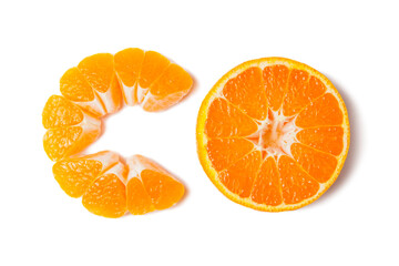 Tangerine slice with shadow isolated on white background