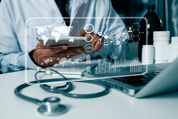Medical technology and futuristic concept. Doctor hologram modern virtual screen interface.