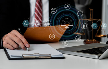 Concepts of Law and Legal services. Lawyer working at office, Law interface icons.	