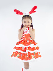 Merry Christmas girl Wearing Santa claus suit on white background