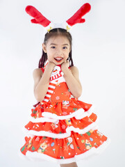 Merry Christmas girl Wearing Santa claus suit on white background