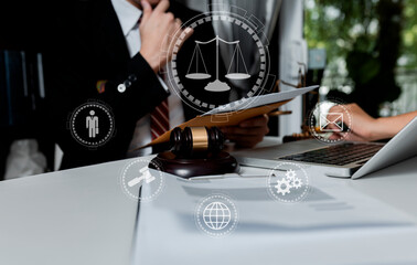 Concepts of Law and Legal services. Lawyer working at office, Law interface icons.	