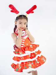 Merry Christmas girl Wearing Santa claus suit on white background