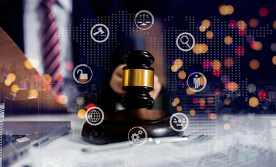 Fototapeta premium Concepts of Law and Legal services. Lawyer working at office, Law interface icons. 
