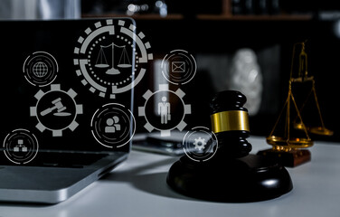 Concepts of Law and Legal services. Lawyer business hands working on technology innovation interface icons.