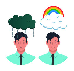 Good mood and bad mood vector. Man with black cloud and rain. Man with white cloud and rainbow.