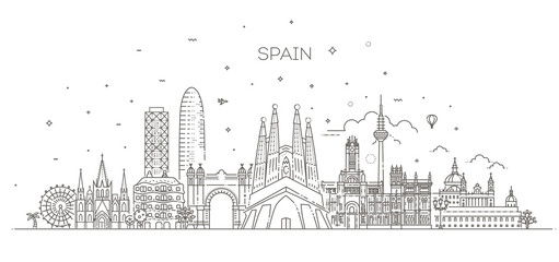 Spain cityscape, spanish travel city banner. Urban silhouette - obrazy, fototapety, plakaty