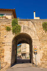 Porta Vecchia, the oldest city gate in Grosseto in Tuscany, dating from the 16th century and set within the defensive stone city walls
