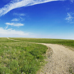Rural country dirt road path through field and country side with bright green landscape and blue sky