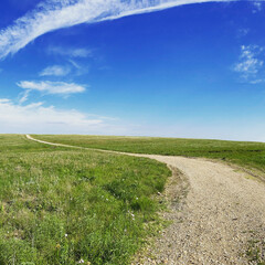 Fototapeta na wymiar Rural country dirt road path through field and country side with bright green landscape and blue sky