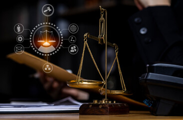 Concepts of Law and Legal services.	Lawyer working with law interface icons.