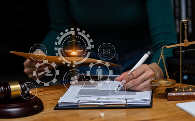 Concepts of Law and Legal services. Lawyer hand with law interface icons.