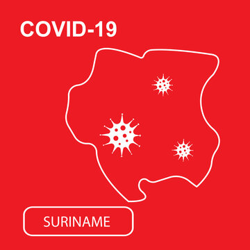 Map of Suriname labeled "COVID-19". White outline map on a red background. Vector illustration of a virus, coronavirus, epidemiology.