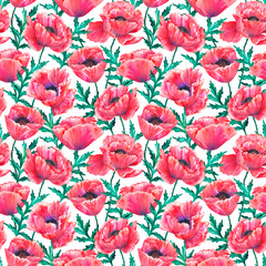 Fototapeta premium Seamless pattern with red poppies. Colorful flowers. Watercolor hand drawn illustration isolated on white background. Texture for print, fabric, textile, wallpaper.
