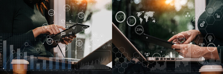 Double exposure of business hands working on smart digital marketing virtual chart, Abstract icon, Business strategy concept.