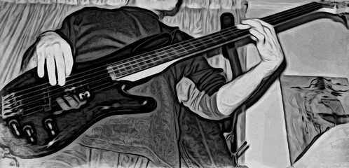 Digital black and white drawing of a musician playing the electric bass