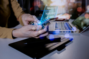 Double exposure business digital marketing concept. Hands of business people working with documents and digital laptop  and network connection on virtual screen on office table.
