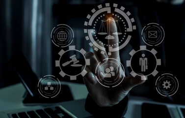 Lawyer business hands working on smart digital interface icons, technology and business concept. 